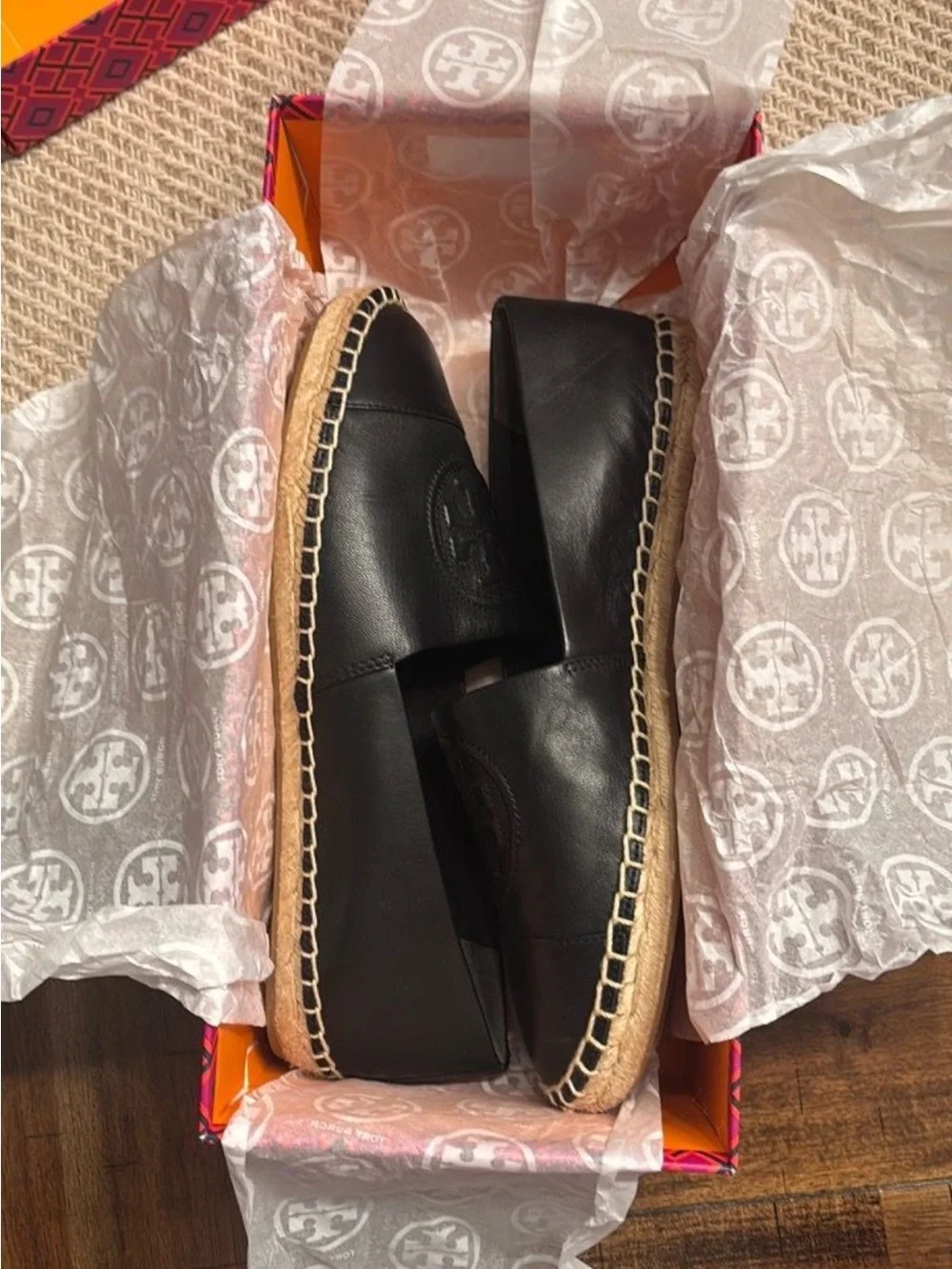 Tory Burch Black Leather Espadrille Slip-On Espadrilles.
